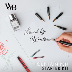 May include: A fountain pen starter kit with black pens, gold nibs, and ink cartridges. The image includes a bottle of ink, the text "Loved by Writers," and "Fountain Pen Starter Kit."