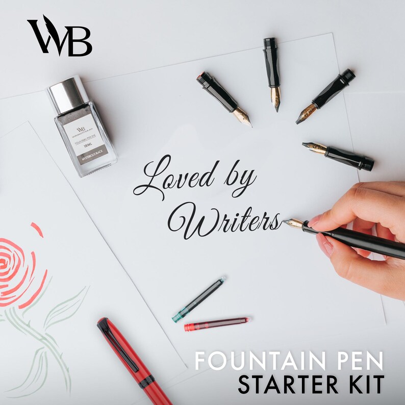 May include: A fountain pen starter kit with black pens, gold nibs, and ink cartridges. The image includes a bottle of ink, the text "Loved by Writers," and "Fountain Pen Starter Kit."