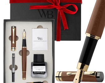 Wordsworth & Juego de pluma estilográfica de madera negra con 6 cartuchos de tinta, convertidor de recarga, estuche para pluma estilográfica