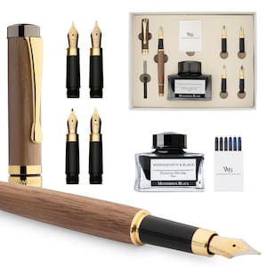 Set de regalo de pluma de caligrafía, incluye botella de tinta, 6 cartuchos de tinta, 6 puntas de repuesto, [oro negro] Brown Wood
