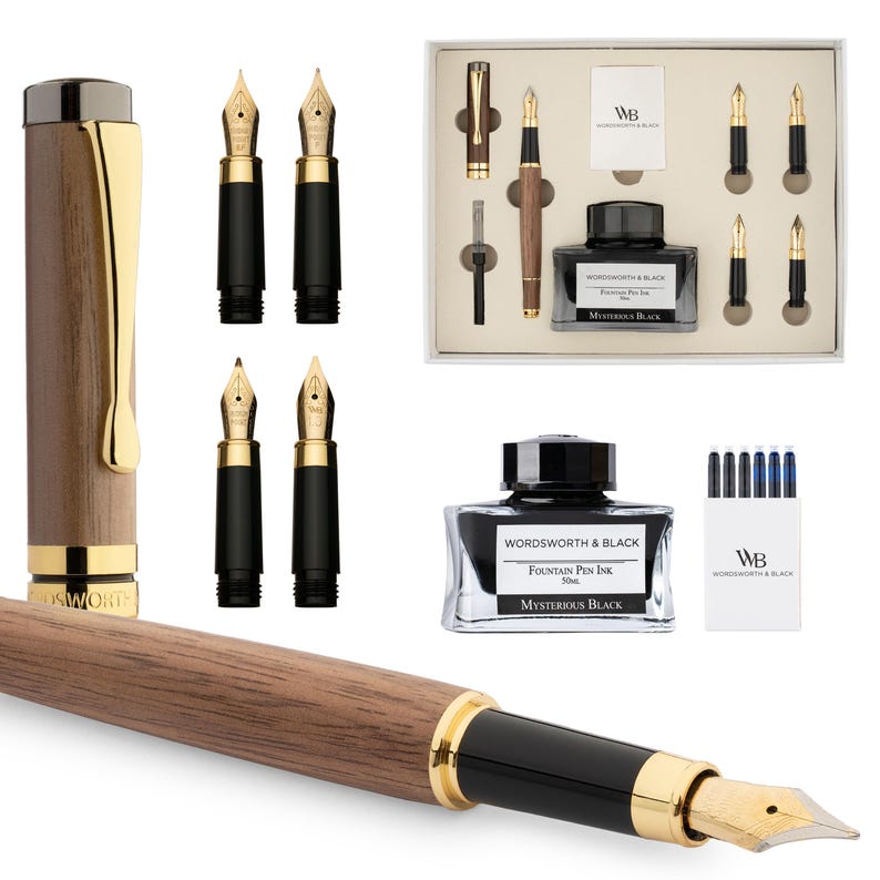 Set de regalo de pluma de caligrafía, incluye botella de tinta, 6 cartuchos de tinta, 6 puntas de repuesto, [oro negro] Brown Wood