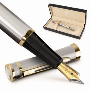 Wordsworth & Black Premium Fountain Pen Set Comes with 6 Ink Cartridges, Refill Converter, Fountain Pen Case, Corporate Gifts Medium Nib Silver Gold