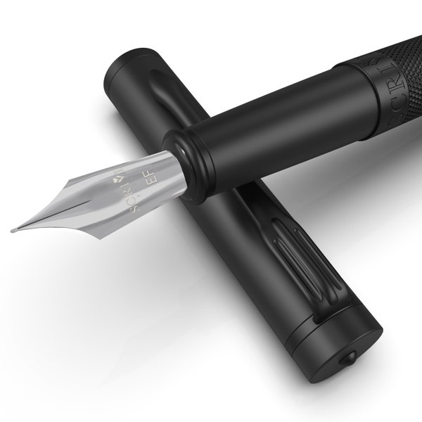 SCRIVI PENS Fountain Pen Set [Extra Fine Nib], Artistry Collection; Gift Case; 2 Ink Cartridges, Ink Refill Converter, [Black Chrome]