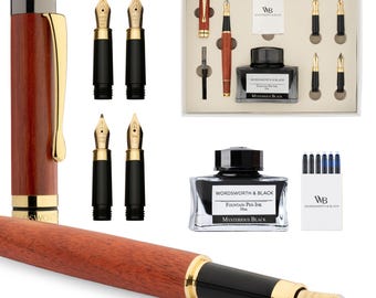 Wordsworth & Black Fountain Pen Gift Set, Includes Ink Bottle, 6 Ink Cartridges, Ink Refill Converter, 4 Replacement Nibs, Luxury Bamboo