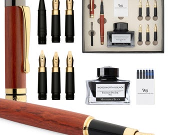 Wordsworth & Black Calligraphy Pen Gift Set, Includes Ink Bottle, 6 Ink Cartridges, Ink Refill Converter, 6 Replacement Nibs, Luxury Bamboo