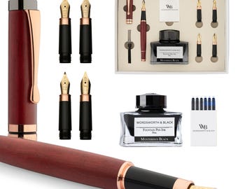 Wordsworth & Black Fountain Pen Gift Set, Includes Ink Bottle, 6 Ink Cartridges, Ink Refill Converter, 4 Replacement Nibs, Luxury Bamboo