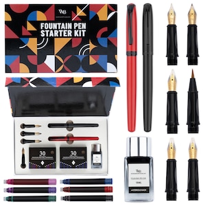 May include: A fountain pen starter kit with a red and black pen, ink cartridges, and a bottle of black ink. The box has a colorful geometric design. Additional pen nibs and ink cartridges are also included.