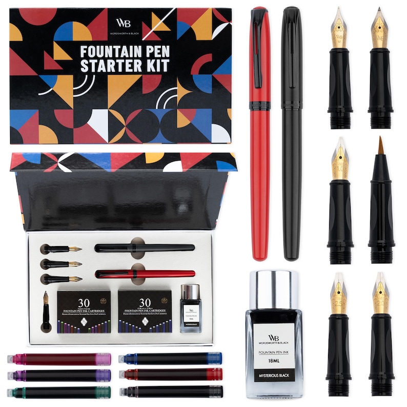 May include: A fountain pen starter kit with a red and black pen, ink cartridges, and a bottle of black ink. The box has a colorful geometric design. Additional pen nibs and ink cartridges are also included.