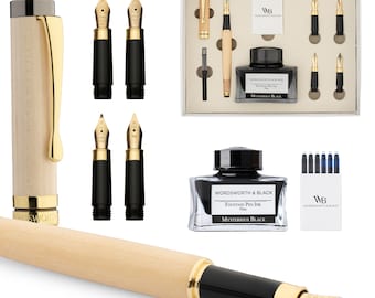 Wordsworth & Black Fountain Pen Gift Set, Includes Ink Bottle, 6 Ink Cartridges, Ink Refill Converter, 4 Replacement Nibs, Luxury Bamboo