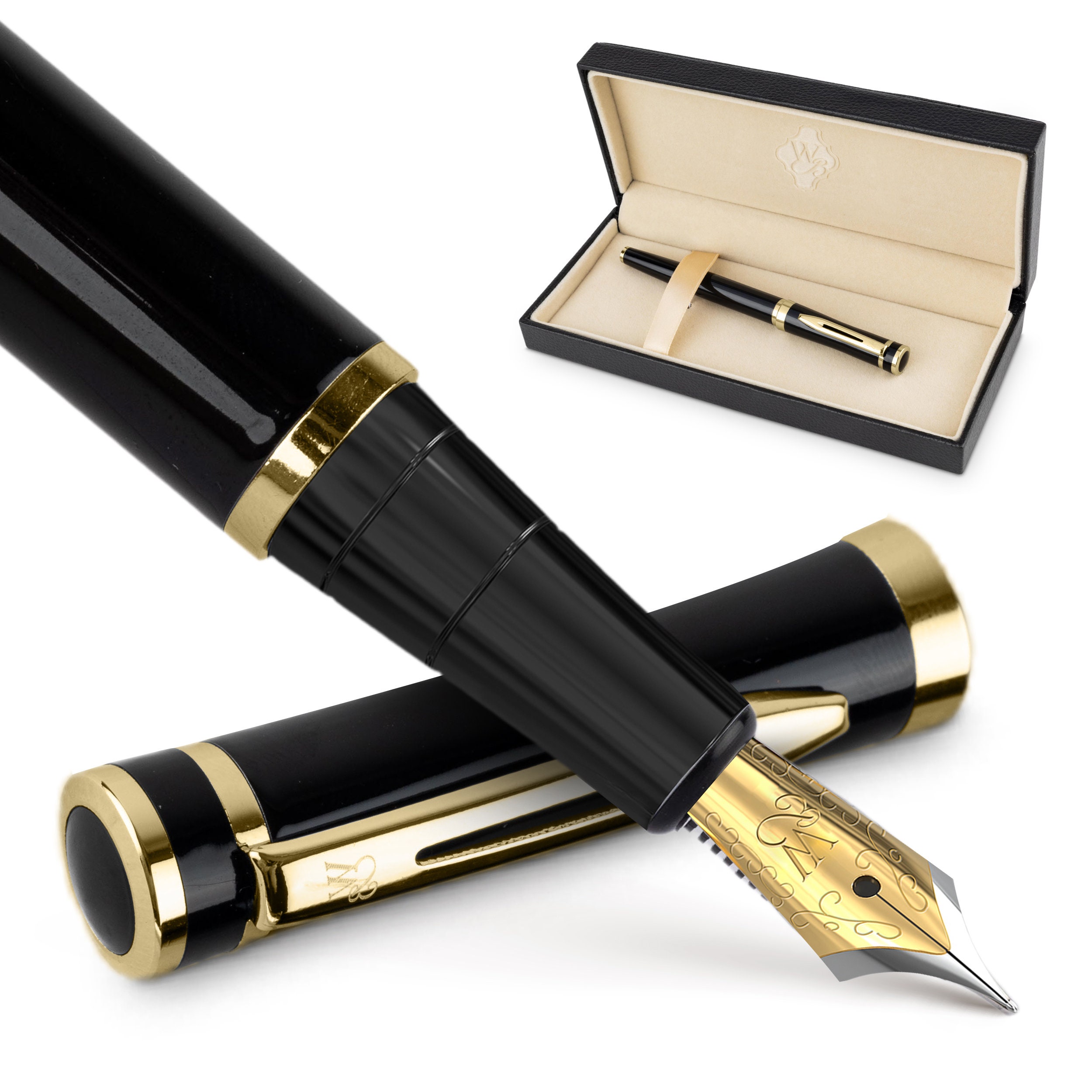 Wordsworth & Black Fountain Pen Set, 18K Gilded Medium and Extra Fine Nibs,  6 Ink Cartridges, Ink Refill Converter, Gift Case Black Chrome 