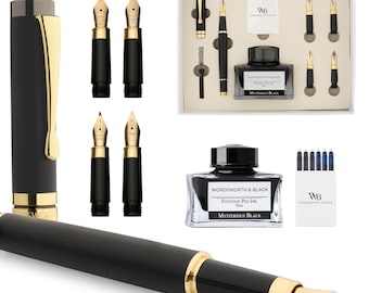 Wordsworth & Black Fountain Pen Gift Set, Includes Ink Bottle, 6 Ink Cartridges, Ink Refill Converter, 4 Replacement Nibs, Luxury Bamboo