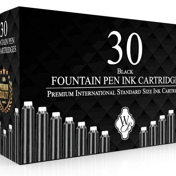 Wordsworth & Black Fountain Pen Ink Refills - SET of 30 BLACK Ink Cartridges - International Standard Size - Length Appr 5.2 cm