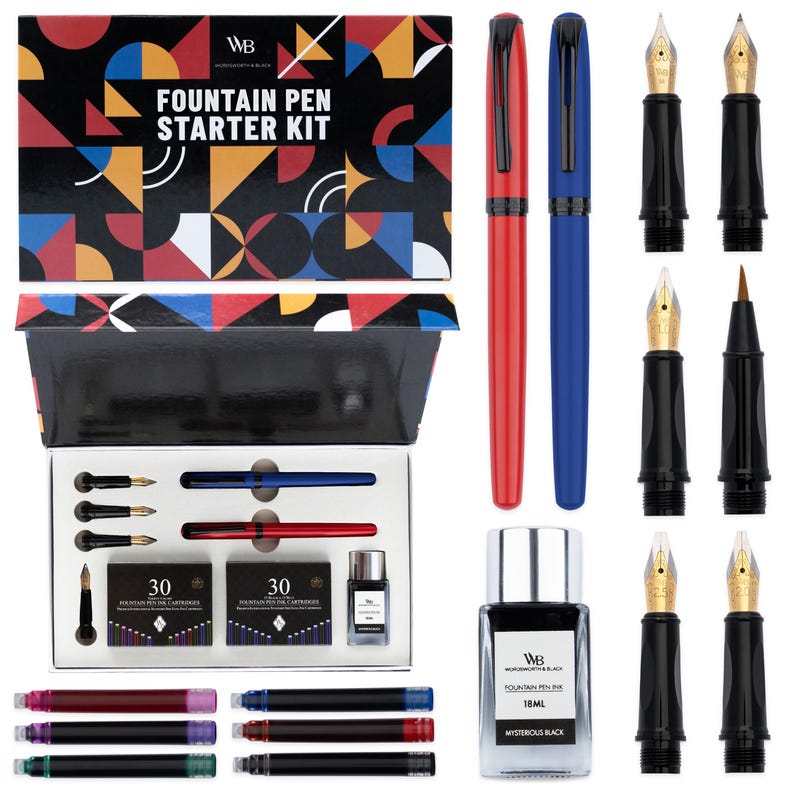 May include: A fountain pen starter kit with a red and blue pen, ink cartridges, and a bottle of black ink. The box has a colorful geometric design and the text "FOUNTAIN PEN STARTER KIT". Additional pen nibs are also included.
