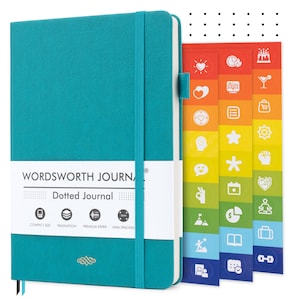 May include: Teal "Wordsworth Journal" dotted notebook with an elastic band and ribbon bookmark. Includes rainbow-striped sticker tabs with icons. Features "Compact Size", "Pagination", "Premium Paper", and "5mm Spacing". A5 size, approximately 21cm x 15cm.