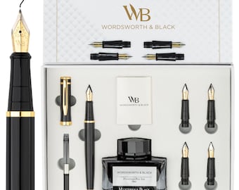 Fountain Pen Gift Set, Includes Ink Bottle, 6 Ink Cartridges, Ink Refill Converter, 4 Replacement Nibs, [Black Gold], Corporate Gifts