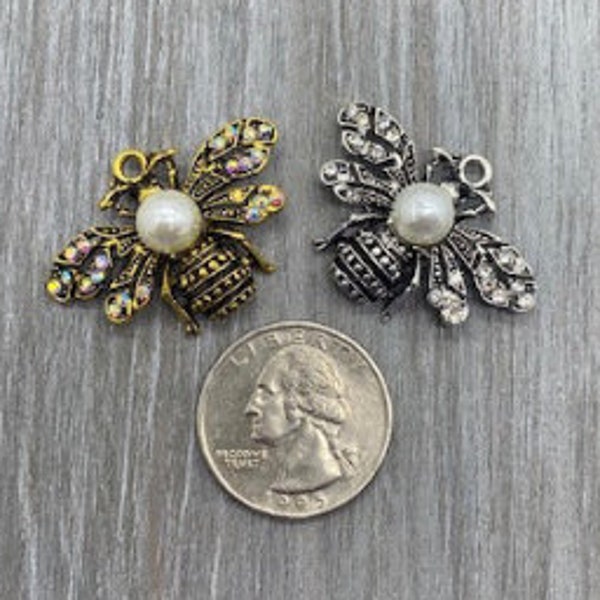 Pearl Bee Charm in Gold or Silver | Jewelry Supply Bee Charms Designer Inspired | Charms for Bracelets and DIY Jewelry Designs