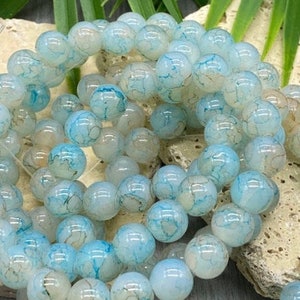Blue Beige and White Swirl 10mm Beads | Gemstone Beads 10mm | Loose Glass Beads for Crafting and Jewelry Making | Bracelet Beads Beach