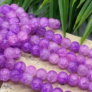 10mm Purple Beads | Agate Cracked Glass Beads 10mm | Clear and Purple Color Beads | Round Beads Jewelry Making Supplies