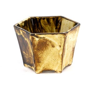 May include: A small, octagonal ceramic planter with a rustic, textured appearance. The planter features a blend of brown and tan hues, with a slightly flared shape and small feet. The interior is a lighter tan color.