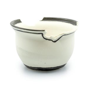 Può includere: Una ciotola in ceramica bianca con un design del bordo unico e irregolare. La ciotola presenta una fascia grigio scuro attorno alla parte superiore e alla base, con un contorno nero a contrasto che accentua la forma del bordo. La ciotola ha un'estetica minimalista.