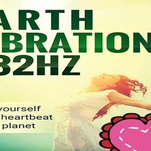 May include: A woman with long curly hair is smiling and has her arms outstretched. The text "EARTH VIBRATION 432HZ" is in green letters on a yellow background. Below the text is the phrase "Tune yourself to the heartbeat of our planet". A pink heart with red stitching is in the lower right corner of the image.