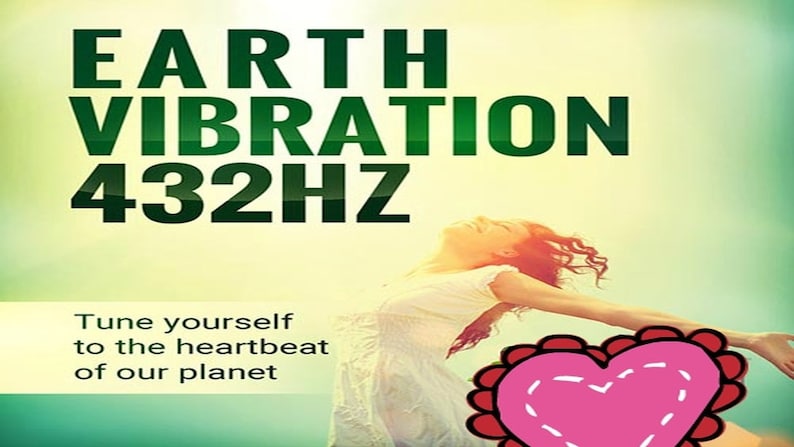May include: A woman with long curly hair is smiling and has her arms outstretched. The text "EARTH VIBRATION 432HZ" is in green letters on a yellow background. Below the text is the phrase "Tune yourself to the heartbeat of our planet". A pink heart with red stitching is in the lower right corner of the image.