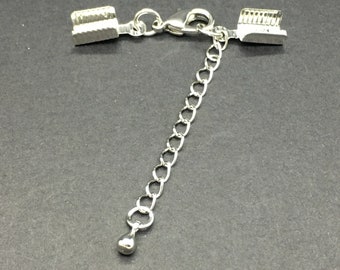 10 Piece Set, Lobster Claw Clasps with Chain Extender and Folding Crimp Ends, Bright Silver Toned Brass