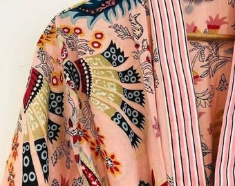 Cotton Kimono Robe Dressing Gown, Block Print Bridesmaid Robe, Summer Nightwear bathrobe Plus Size women men Floral Short long wedding Robe