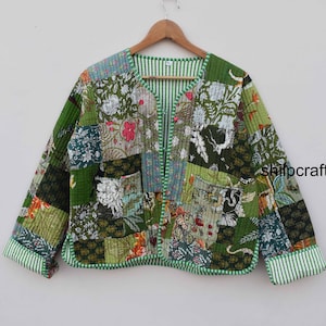 Floral Quilted Jackets Cotton green Bohemian Style Fall Winter Jacket Coat vintage Boho wedding Reversible kantha Jacket for Women patchwork Green