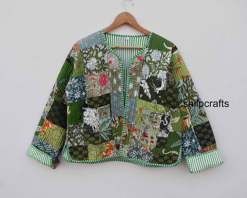 Patchwork Quilted Jackets Cotton Floral Bohemian Style Fall Winter Jacket Coat vintage Boho Quilted Reversible kantha Jacket for Women Green