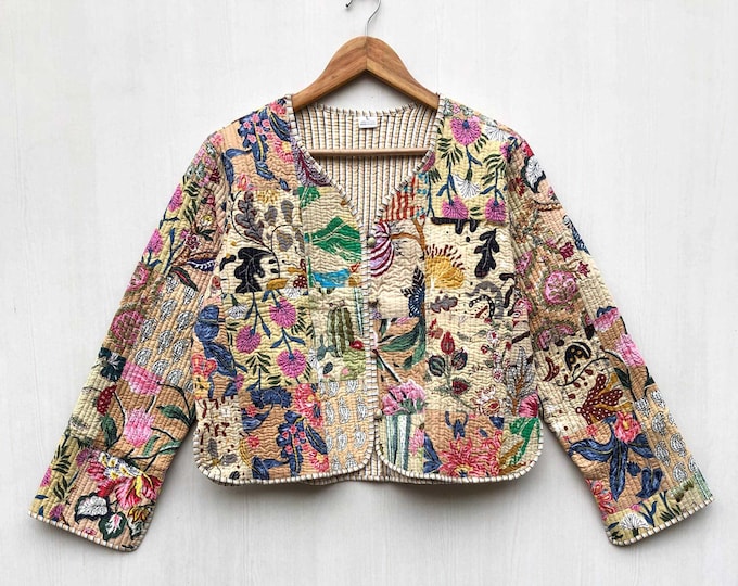 Floral Quilted Jackets Cotton green Bohemian Style Fall Winter Jacket Coat vintage Boho wedding Reversible kantha Jacket for Women patchwork