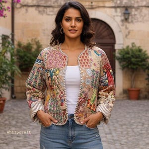 Floral Quilted Jackets Cotton green Bohemian Style Fall Winter Jacket Coat vintage Boho wedding Reversible kantha Jacket for Women patchwork