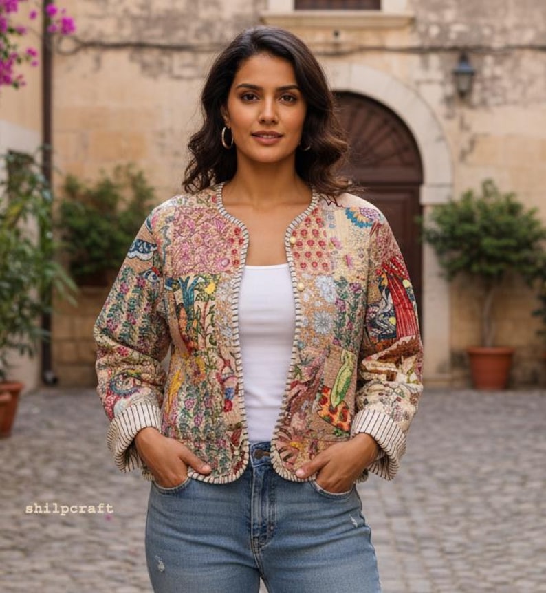 Floral Quilted Jackets Cotton green Bohemian Style Fall Winter Jacket Coat vintage Boho wedding Reversible kantha Jacket for Women patchwork image 2