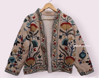 Suzani embroidery Floral Jackets Cotton green Bohemian Winter Jacket Coat vintage Boho wedding Reversible kantha Jacket for Women patchwork