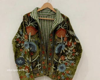 Suzani embroidery Floral Jackets Velvet inner Cotton green Bohemian Winter Jacket Coat vintage Boho wedding Reversible kantha Jacket Women