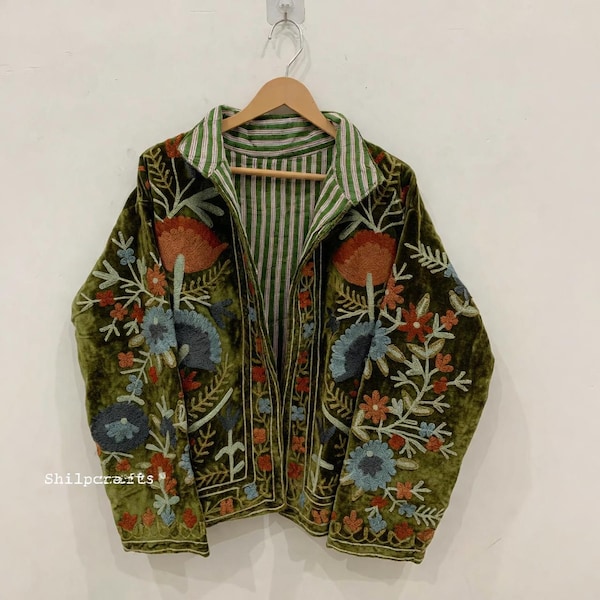 Suzani embroidery Floral Jackets Velvet inner Cotton green Bohemian Winter Jacket Coat vintage Boho wedding Reversible kantha Jacket Women