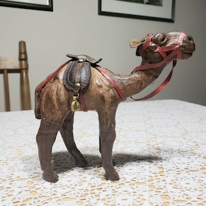 Vintage Leather Camel Figurine with Saddle- Handmade Safari Animal Decor