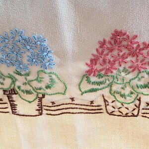May include: Embroidered floral design on a cream-colored fabric. Three flower pots with pink, blue, and coral flowers are displayed. The flowers are above green leaves and brown woven baskets. A brown stitched line runs below the baskets.
