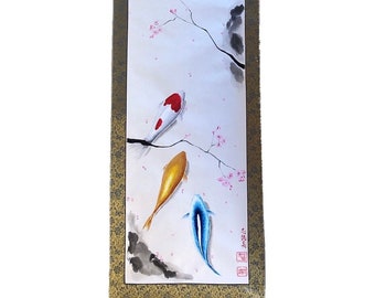 Extra large Koi fish, Sakura cherry blossoms, pine tree hanging scroll, Japanese ZEN calligraphy art wall decoration, Good luck art