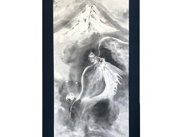 ZEN calligraphy art Mt.Fuji & holy RYUJIN dragon hanging scroll, Japanese style good luck guardian painting Kakejiku, Japanese Sumie art,