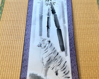 Extra-large calligraphy art Japanese painting good luck tiger and bamboo hanging scroll, ZEN style Sumie art Kakejiku wall decor