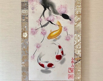 Gorgeous Kimono silk obi belt Japanese painting Koi fish with Sakura cherry blossoms hanging scroll, Unique Kimono Kakejiku wall decor,