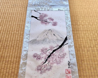 Gorgeous Kimono obi belt silk Japanese painting Mt.Fuji with Sakura cherry blossoms hanging scroll, Unique Kimono style Kakejiku wall decor,