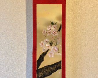 Unique kimono silk ZEN style Sakura cherry blossoms hanging scroll, Japanese cherry tree calligraphy art painting wall decor, Small Kakejiku