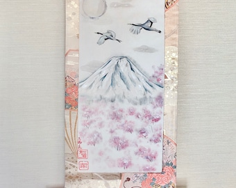 Gorgeous Kimono silk obi belt Japanese painting Mt.Fuji, Sakura cherry blossoms & crane birds hanging scroll, Unique Kakejiku wall decor,