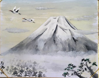 Gorgeous Kimono silk obi belt good luck Japanese painting Mt.Fuji, Crane birds, Pine tree wall decor/Unique Kakejiku style wall art