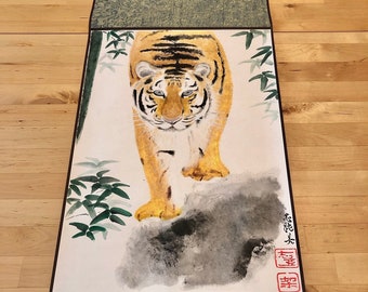 Good luck Tiger with bamboo Japanese painting hanging scroll/Unique guardian Japanese art wall decoration/Zen style amulet calligraphy art,