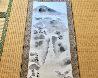 Extra-large calligraphy art Japanese scenery of Mt.Fuji and water fall hanging scroll, ZEN style Sumie art Kakejiku wall decor