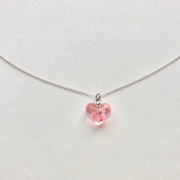 Elegant dainty crystal heart shape Sakura cherry blossoms Sterling silver necklace, Small Sakura jewelry, SV925 pendant,Gift for her