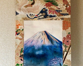 Gorgeous Kimono belt silk small hanging scroll, Japanese painting Mt.Fuji & Sakura cherry blossoms wall decor, Unique gift, Kakejiku art,